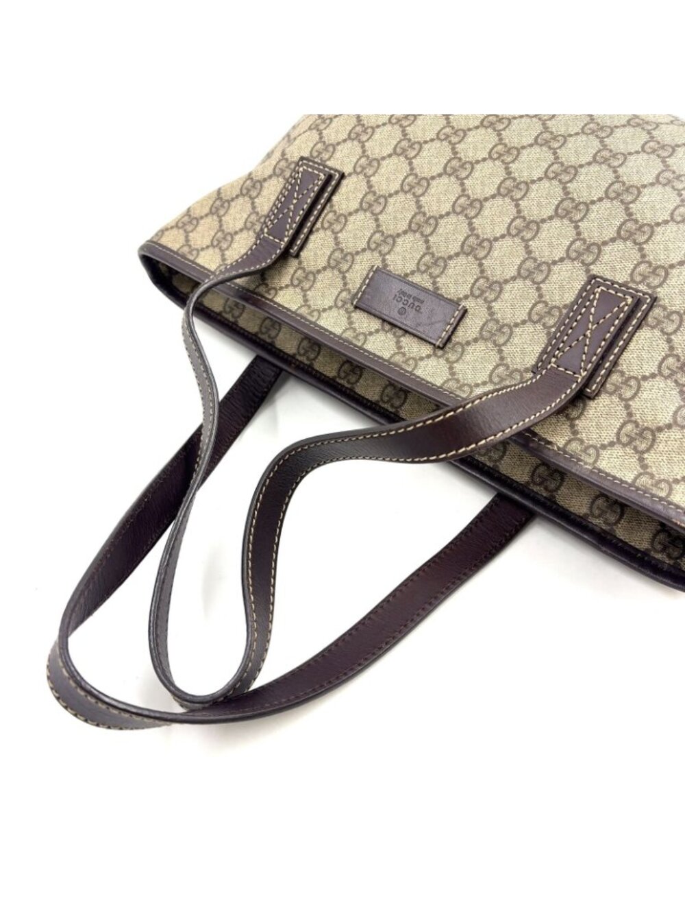 Gucci GG Supreme Leather Canvas Khaki Beige Dark Brown Tote Bag Silver - Picture 5 of 15